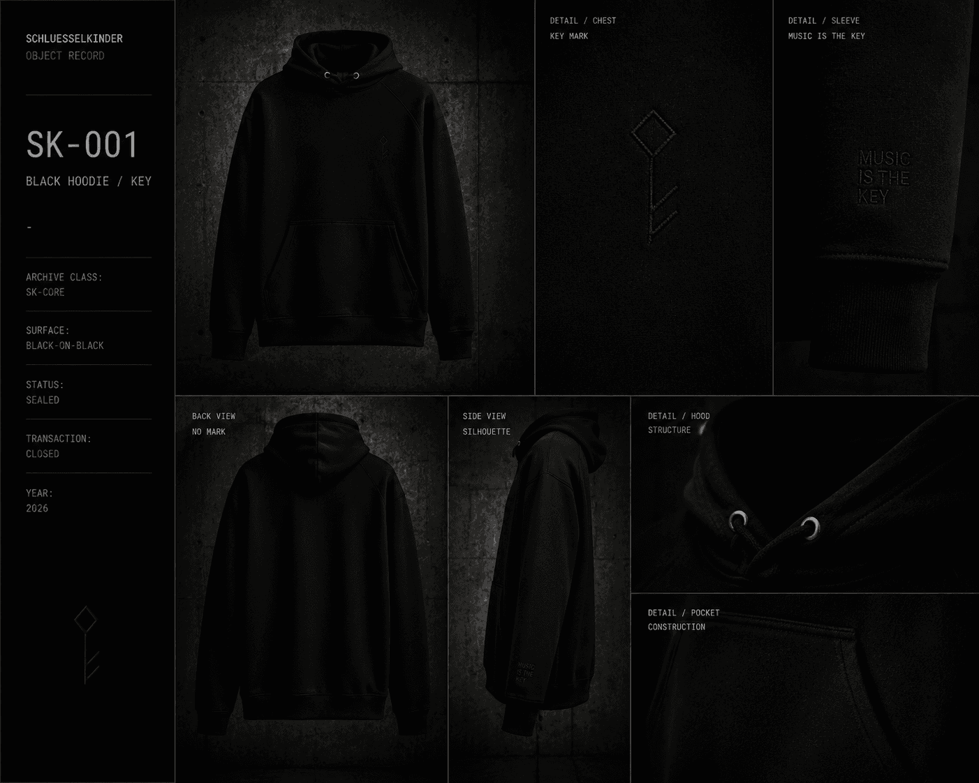 SCHLUESSELKINDER SK-001 BLACK HOODIE / KEY institutional archive board