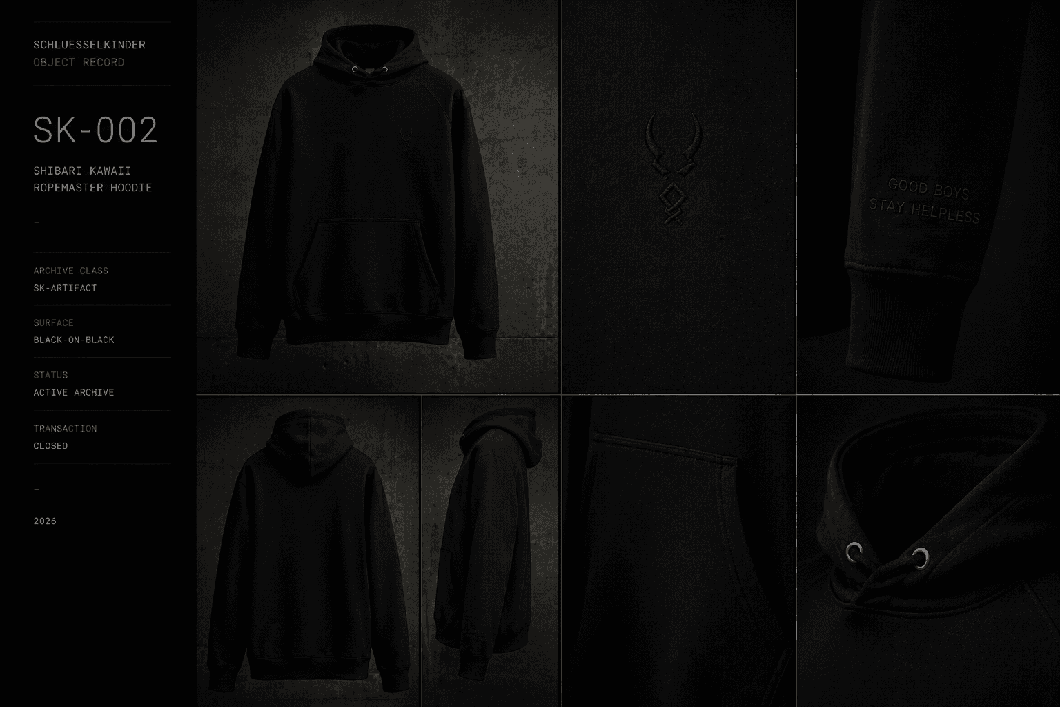 SCHLUESSELKINDER SK-002 SHIBARI KAWAII ROPEMASTER HOODIE institutional archive board